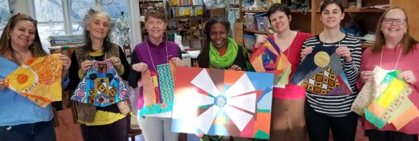 Attendees of the March 2019 workshop, "Peacemaking: Quilting our Prayers and our Practices," pictured with leader Asake Denise Jones (center)